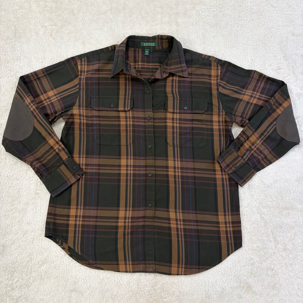 Lauren Ralph Lauren Mens L Plaid Shirt Elbow Patches Cotton Dark Academia